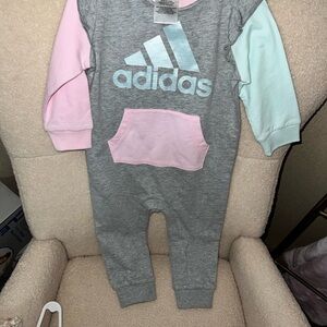 Adidas Kids One Piece - Gray with Pink and White Sleeves
